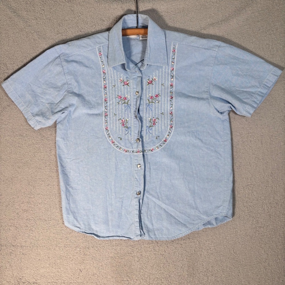 Capacity Button Up Shirt Womens Size S Blue Embroidered Floral Cottagecore‎ Farm